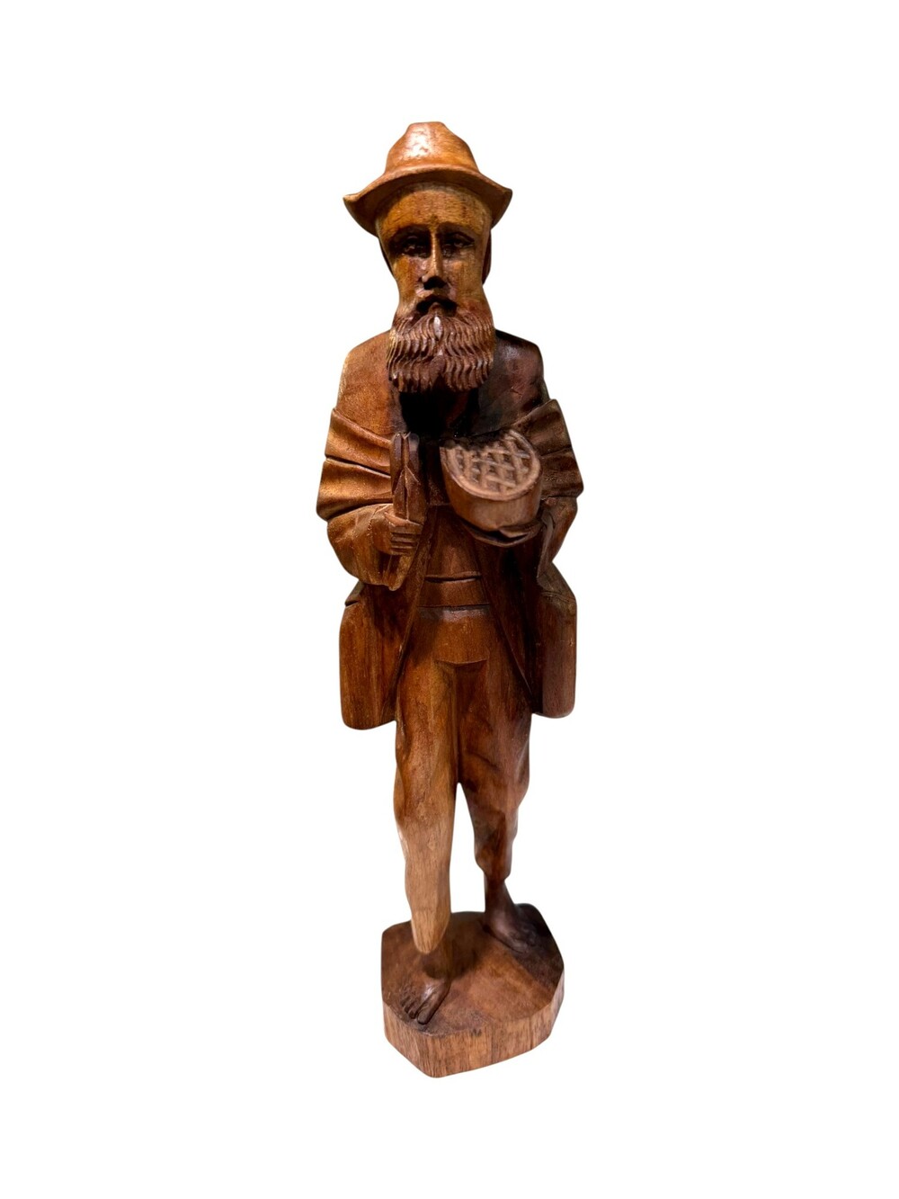 Vintage Hand Carved Wood Folk Art Bearded Traveler Peddler Basket 12"